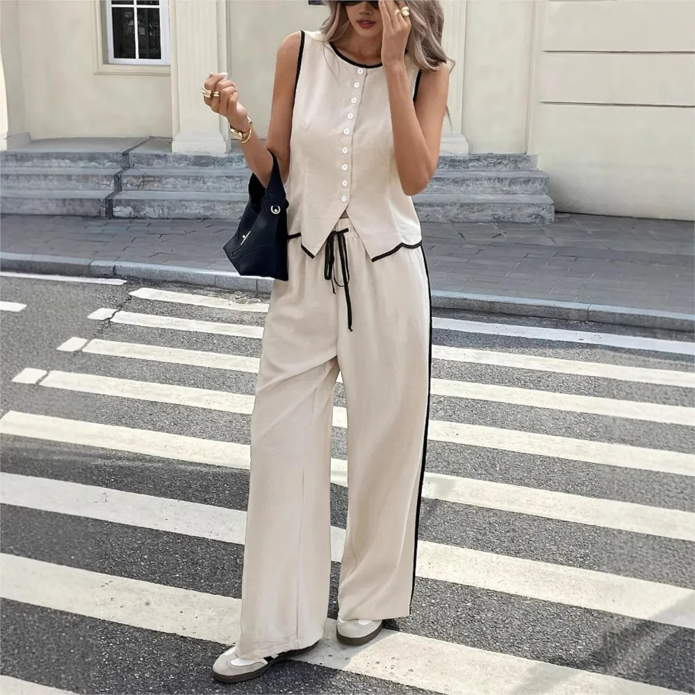 Set 2 pezzi da donna con canotta e pantaloni con coulisse in vita