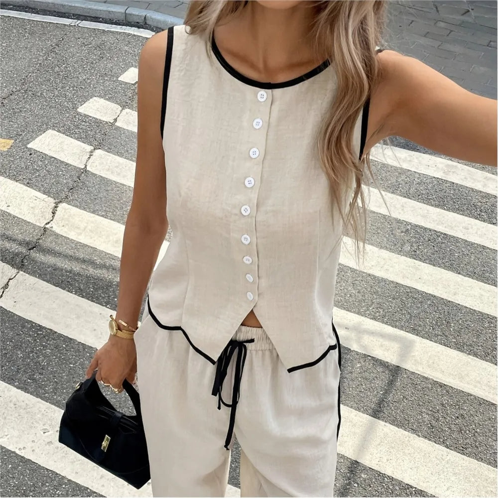 Set 2 pezzi da donna con canotta e pantaloni con coulisse in vita